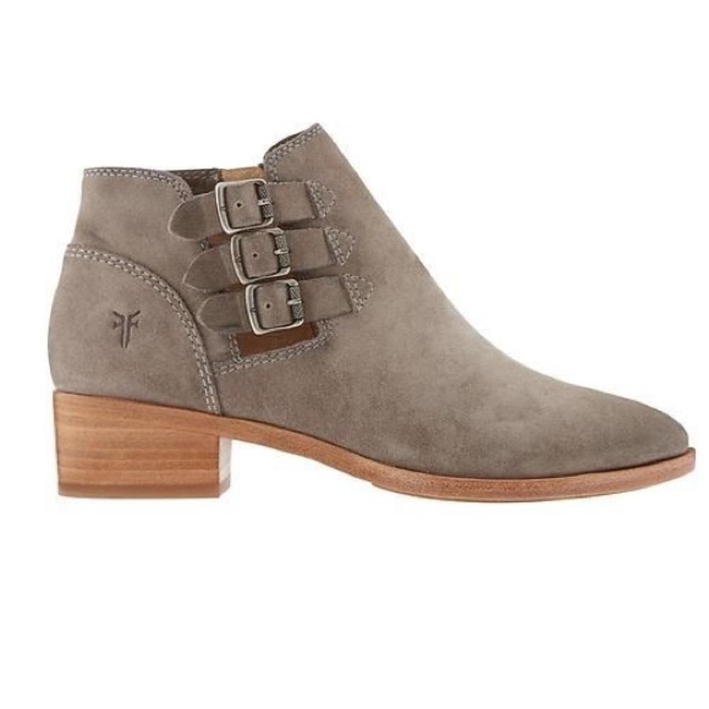 Frye Triple Buckle Taupe Suede Block Heel Boots